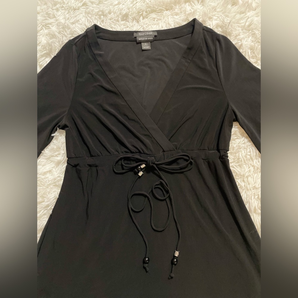 White House Black Market Signature Knit 3/4 Sleeve Black Blouse Tunic Babydoll L - Picture 3 of 9